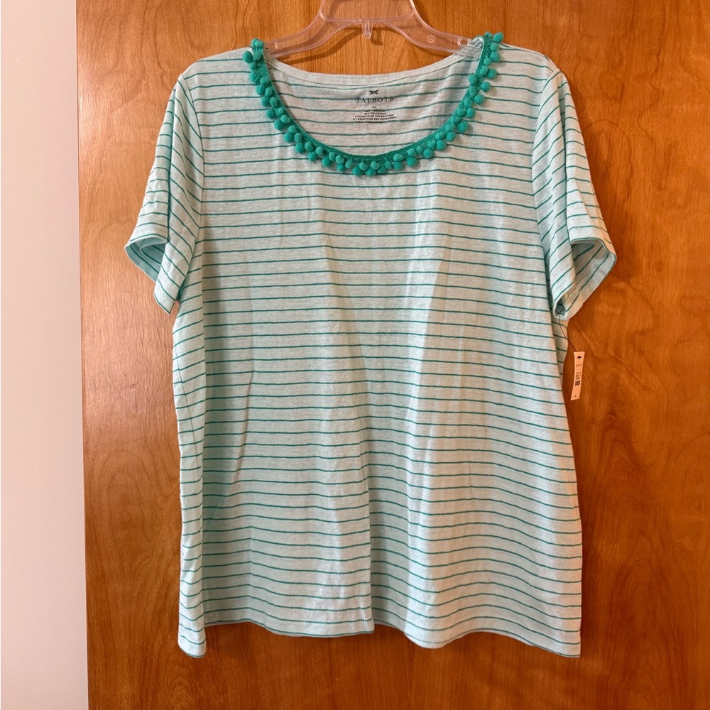 Talbots Top Seafoam Green Striped Pom Pom Trim Linen Blend Tee T-Shirt NWT XL